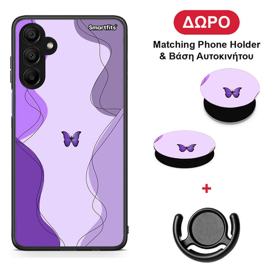Purple Mariposa - Samsung A15 5G θήκη + Δώρο Phone Holder & Βάση Αυτοκινήτου