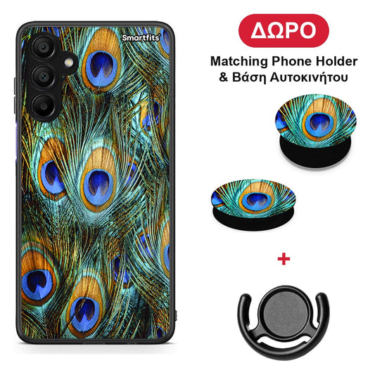 Real Peacock Feathers - Samsung A15 5G θήκη + Δώρο Phone Holder & Βάση Αυτοκινήτου
