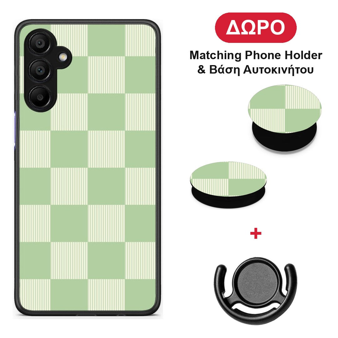 Sage and Cream Striped Checks - Samsung A15 5G θήκη + Δώρο Phone Holder & Βάση Αυτοκινήτου