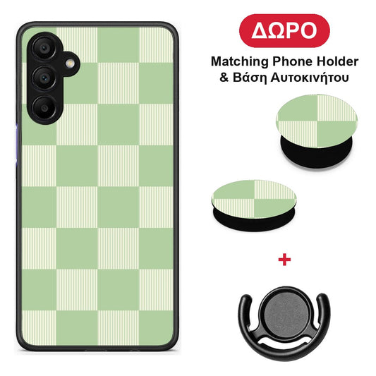 Sage and Cream Striped Checks - Samsung A15 5G θήκη + Δώρο Phone Holder & Βάση Αυτοκινήτου