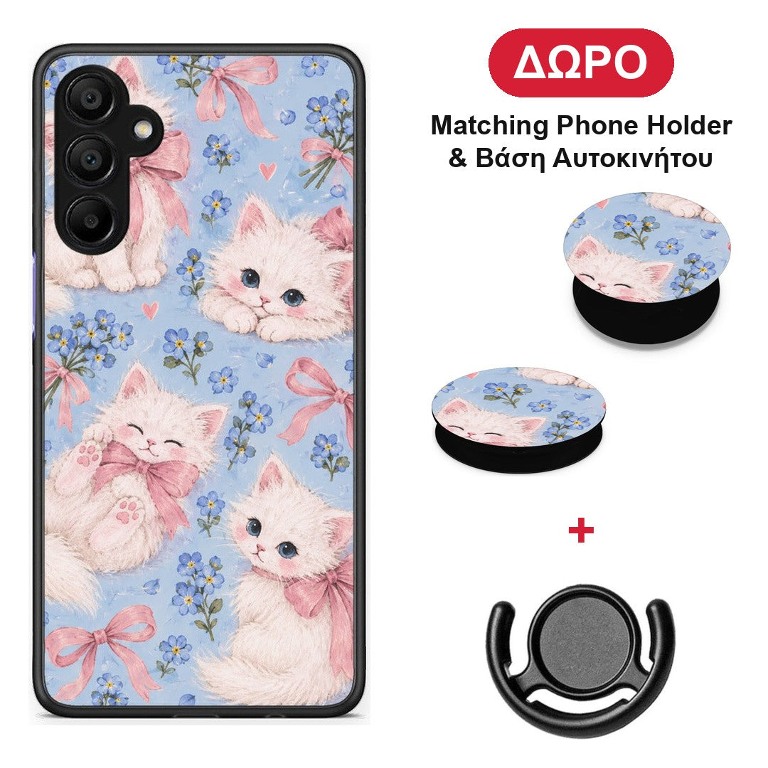 White Kittens and Blue Flowers Large - Samsung A15 5G θήκη + Δώρο Phone Holder & Βάση Αυτοκινήτου