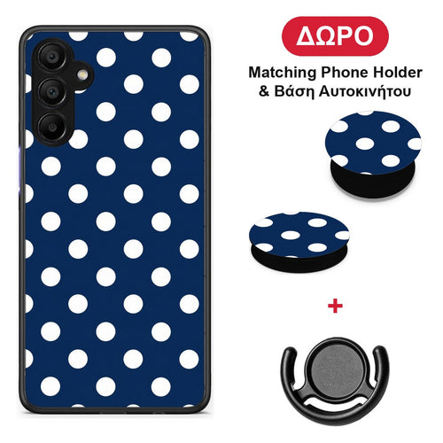 White Large Polka Dots on Navy - Samsung A15 5G θήκη + Δώρο Phone Holder & Βάση Αυτοκινήτου