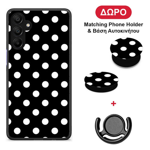 White Polka Dots on Black - Samsung A15 5G θήκη + Δώρο Phone Holder & Βάση Αυτοκινήτου
