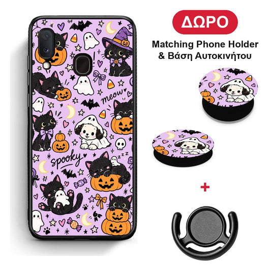 Halloween Black Cats on Lilac - Samsung Galaxy A20e θήκη + Δώρο Phone Holder & Βάση Αυτοκινήτου