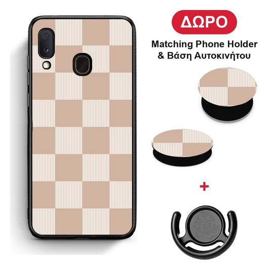 Latte and Cream Striped Checks - Samsung Galaxy A20e θήκη + Δώρο Phone Holder & Βάση Αυτοκινήτου