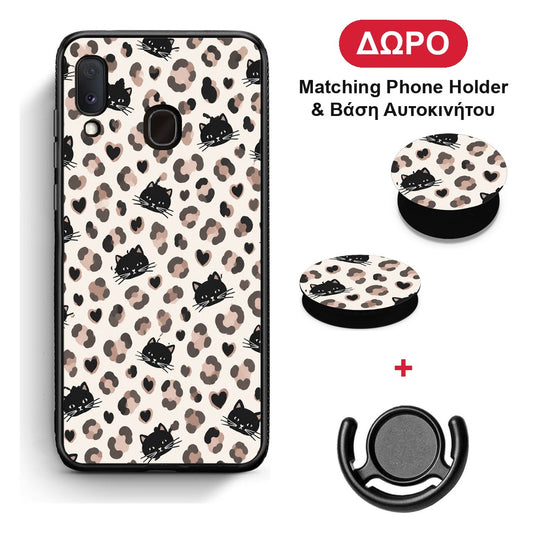 Leopard Spots and Black Cats on Cream - Samsung Galaxy A20e θήκη + Δώρο Phone Holder & Βάση Αυτοκινήτου