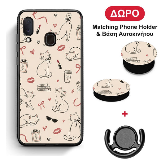 Minimal Cat and Fashion Doodles on Cream - Samsung Galaxy A20e θήκη + Δώρο Phone Holder & Βάση Αυτοκινήτου