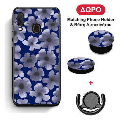 Pale Blue Flowers on Navy - Samsung Galaxy A20e θήκη + Δώρο Phone Holder & Βάση Αυτοκινήτου