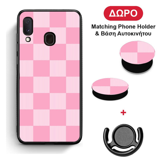 Pink and White Striped Checks - Samsung Galaxy A20e θήκη + Δώρο Phone Holder & Βάση Αυτοκινήτου