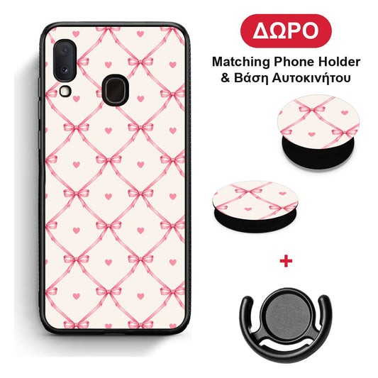 Pink Bow Lattice and Hearts on Cream - Samsung Galaxy A20e θήκη + Δώρο Phone Holder & Βάση Αυτοκινήτου