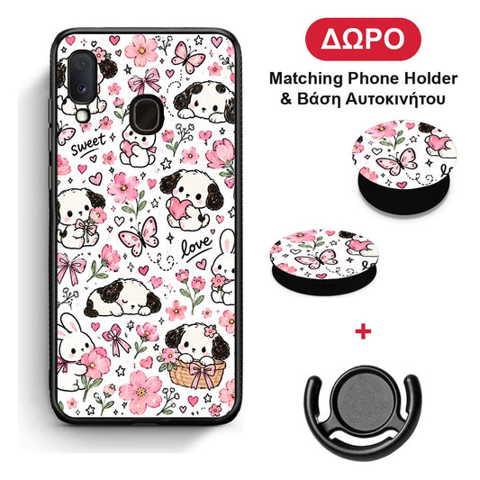 Pink Florals Puppies and Bunnies on White - Samsung Galaxy A20e θήκη + Δώρο Phone Holder & Βάση Αυτοκινήτου