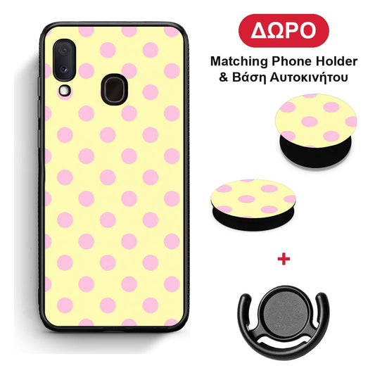 Pink Polka Dots on Yellow - Samsung Galaxy A20e θήκη + Δώρο Phone Holder & Βάση Αυτοκινήτου