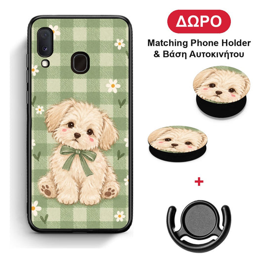 Puppy and Daisies on Sage Gingham - Samsung Galaxy A20e θήκη + Δώρο Phone Holder & Βάση Αυτοκινήτου