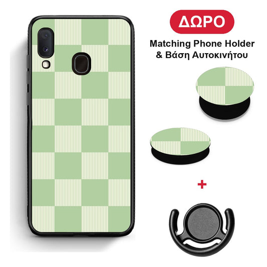 Sage and Cream Striped Checks - Samsung Galaxy A20e θήκη + Δώρο Phone Holder & Βάση Αυτοκινήτου