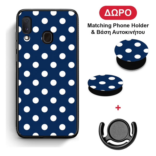 White Large Polka Dots on Navy - Samsung Galaxy A20e θήκη + Δώρο Phone Holder & Βάση Αυτοκινήτου