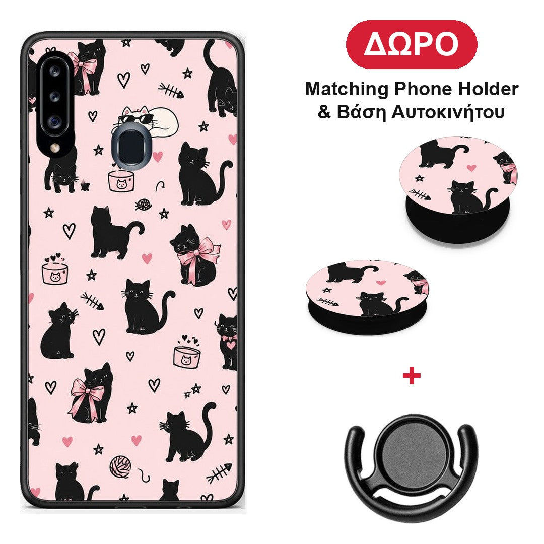 Black Cat Doodles on Pink - Samsung Galaxy A20s θήκη + Δώρο Phone Holder & Βάση Αυτοκινήτου