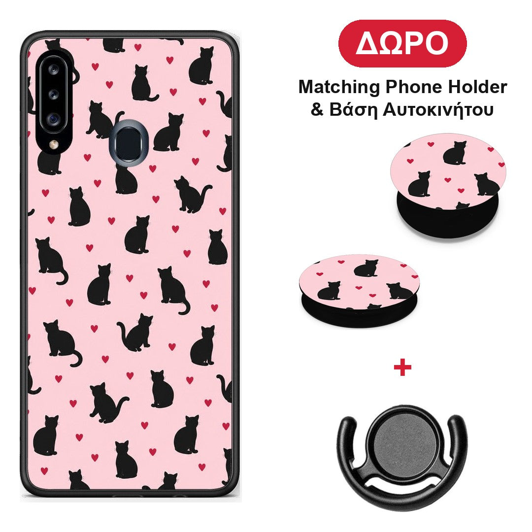 Black Cat Silhouettes and Hearts on Pink - Samsung Galaxy A20s θήκη + Δώρο Phone Holder & Βάση Αυτοκινήτου