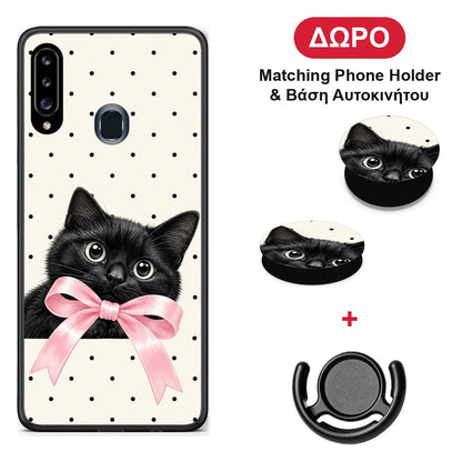 Black Kitten Pink Bow and Polka Dots - Samsung Galaxy A20s θήκη + Δώρο Phone Holder & Βάση Αυτοκινήτου