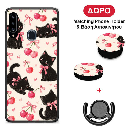 Black Kittens and Cherries on Cream - Samsung Galaxy A20s θήκη + Δώρο Phone Holder & Βάση Αυτοκινήτου