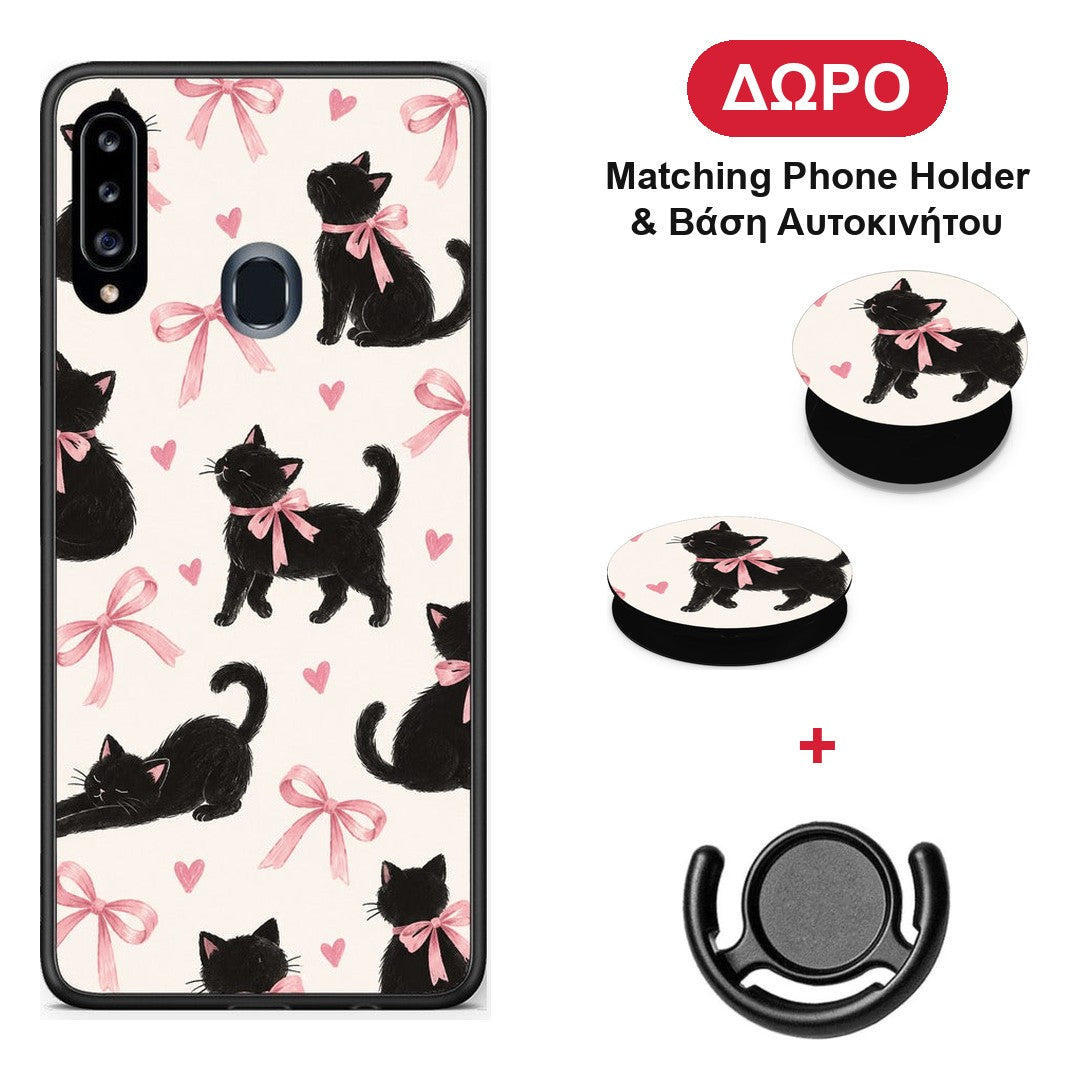Black Kittens and Pink Bows on Cream Large - Samsung Galaxy A20s θήκη + Δώρο Phone Holder & Βάση Αυτοκινήτου