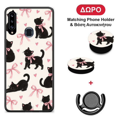 Black Kittens and Pink Bows on Cream Large - Samsung Galaxy A20s θήκη + Δώρο Phone Holder & Βάση Αυτοκινήτου