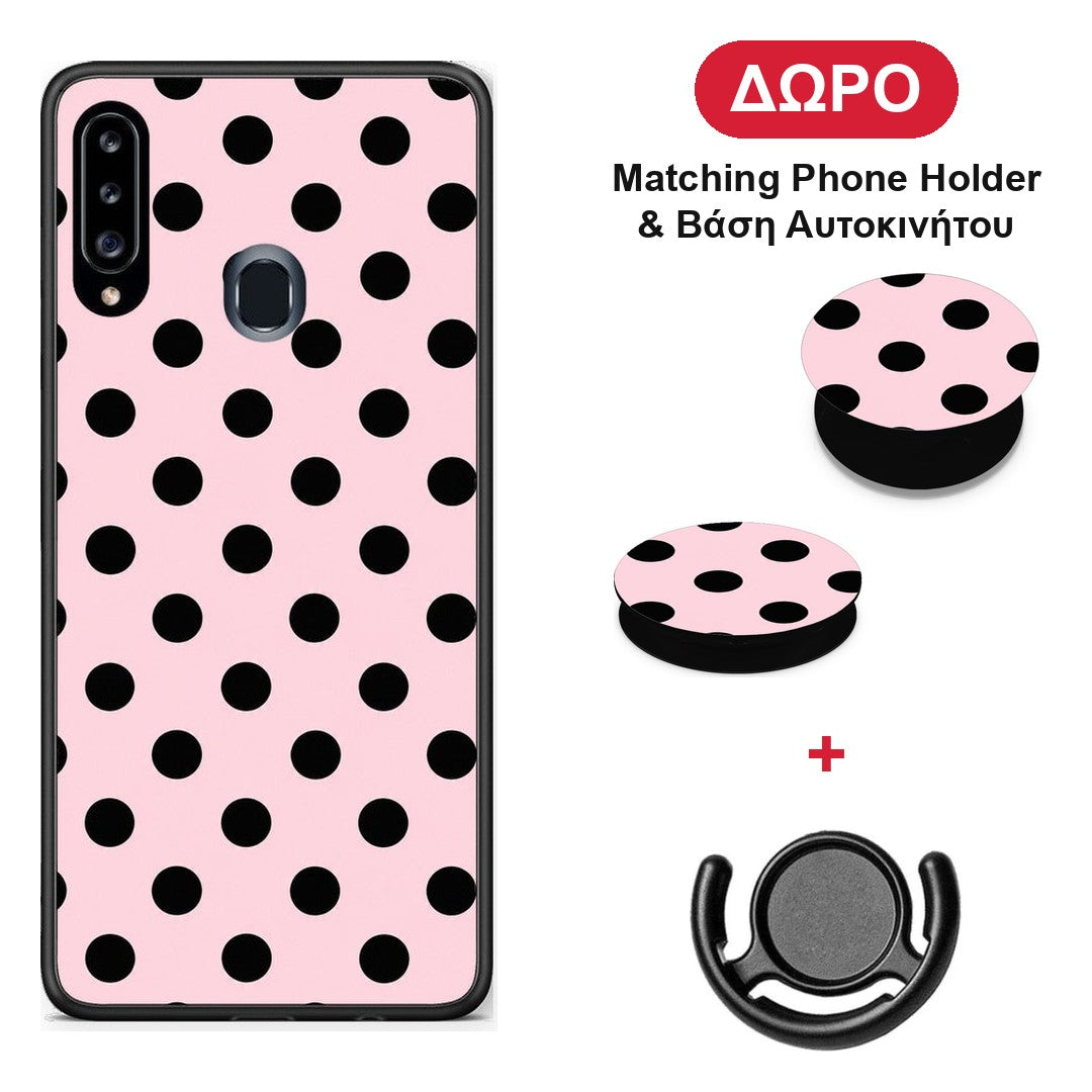 Black Polka Dots on Pink - Samsung Galaxy A20s θήκη + Δώρο Phone Holder & Βάση Αυτοκινήτου