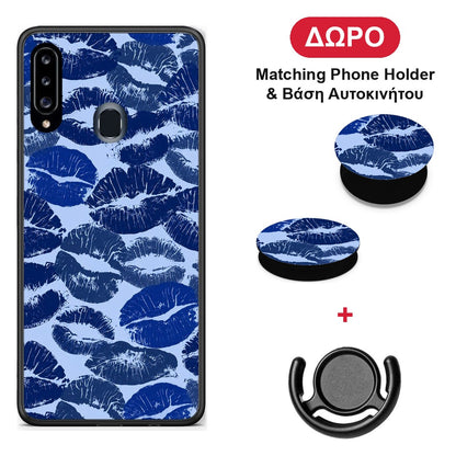 Blue Lipstick Kisses - Samsung Galaxy A20s θήκη + Δώρο Phone Holder & Βάση Αυτοκινήτου