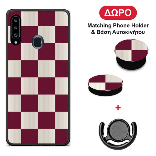 Burgundy and Cream Striped Checks - Samsung Galaxy A20s θήκη + Δώρο Phone Holder & Βάση Αυτοκινήτου