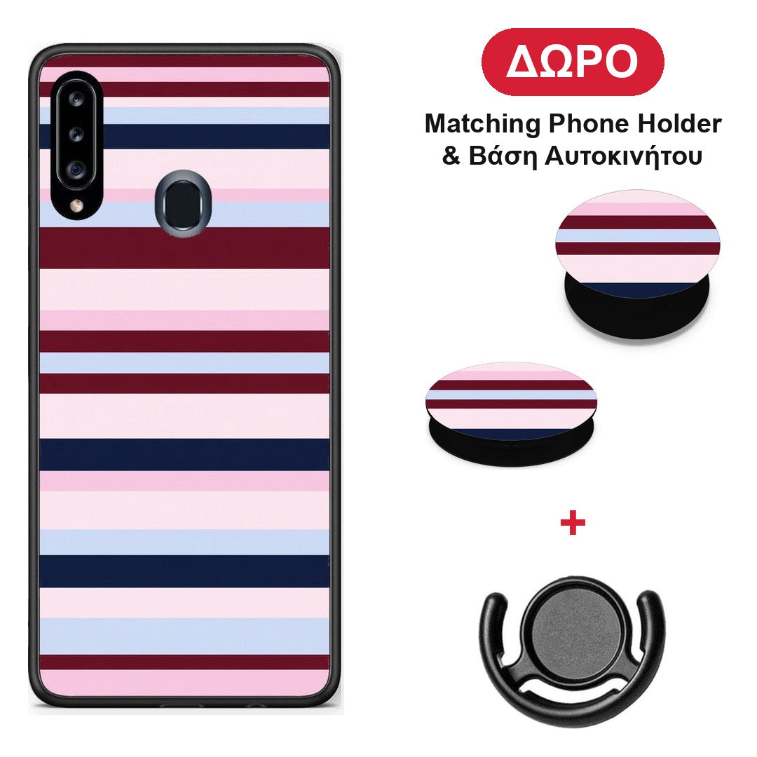 Burgundy Pink and Blue Horizontal Stripes - Samsung Galaxy A20s θήκη + Δώρο Phone Holder & Βάση Αυτοκινήτου