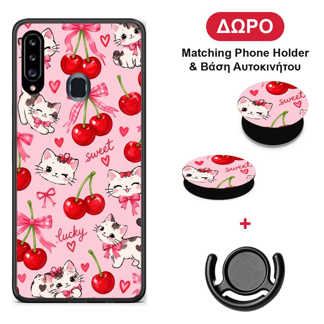 Cherries Bows and Kittens on Pink - Samsung Galaxy A20s θήκη + Δώρο Phone Holder & Βάση Αυτοκινήτου