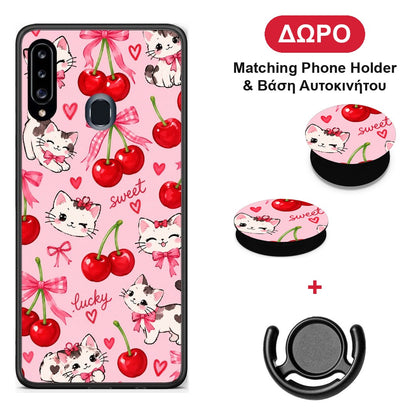 Cherries Bows and Kittens on Pink - Samsung Galaxy A20s θήκη + Δώρο Phone Holder & Βάση Αυτοκινήτου