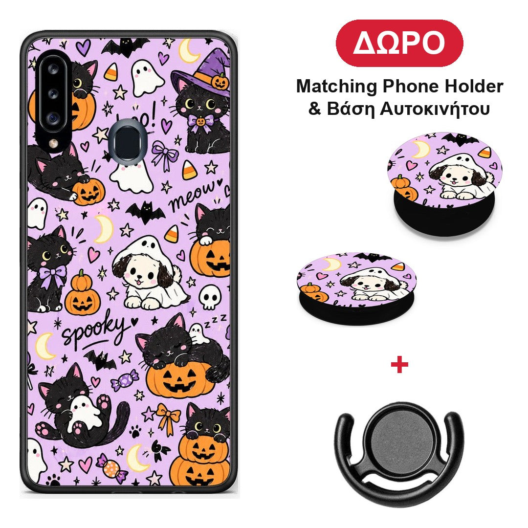 Halloween Black Cats on Lilac - Samsung Galaxy A20s θήκη + Δώρο Phone Holder & Βάση Αυτοκινήτου