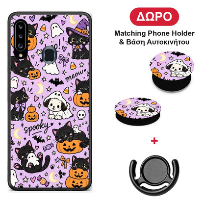 Halloween Black Cats on Lilac - Samsung Galaxy A20s θήκη + Δώρο Phone Holder & Βάση Αυτοκινήτου