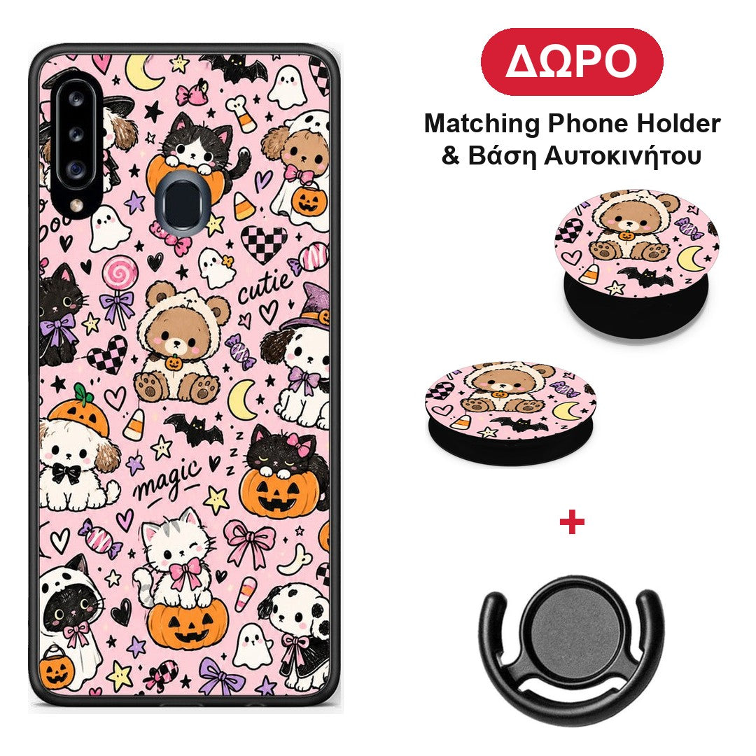 Halloween Cute Animals on Pink - Samsung Galaxy A20s θήκη + Δώρο Phone Holder & Βάση Αυτοκινήτου