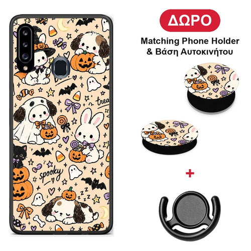 Halloween Puppies and Friends on Cream - Samsung Galaxy A20s θήκη + Δώρο Phone Holder & Βάση Αυτοκινήτου