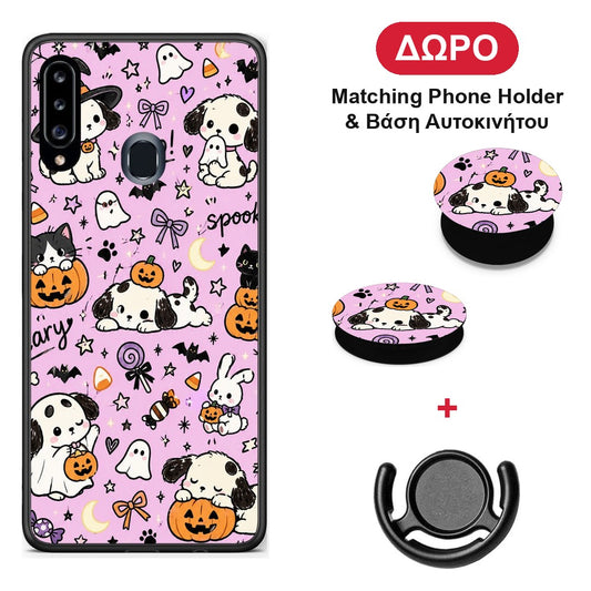 Halloween Puppies and Friends on Lilac - Samsung Galaxy A20s θήκη + Δώρο Phone Holder & Βάση Αυτοκινήτου