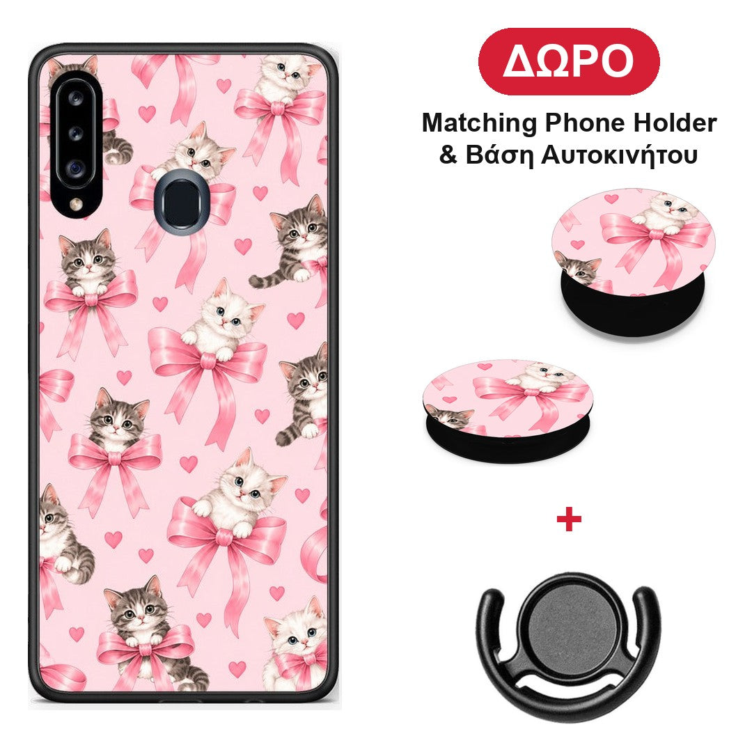 Kittens and Pink Bows on Pink - Samsung Galaxy A20s θήκη + Δώρο Phone Holder & Βάση Αυτοκινήτου