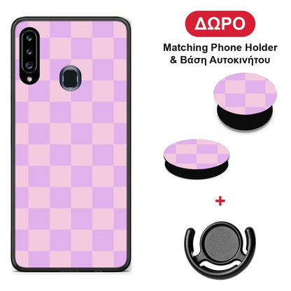 Lavender and Pink Checkerboard - Samsung Galaxy A20s θήκη + Δώρο Phone Holder & Βάση Αυτοκινήτου