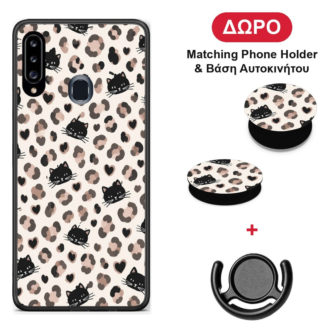 Leopard Spots and Black Cats on Cream - Samsung Galaxy A20s θήκη + Δώρο Phone Holder & Βάση Αυτοκινήτου