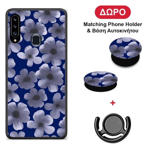 Pale Blue Flowers on Navy - Samsung Galaxy A20s θήκη + Δώρο Phone Holder & Βάση Αυτοκινήτου