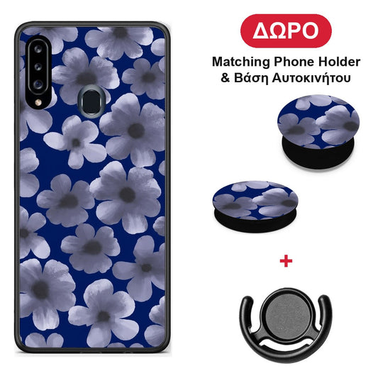 Pale Blue Flowers on Navy - Samsung Galaxy A20s θήκη + Δώρο Phone Holder & Βάση Αυτοκινήτου