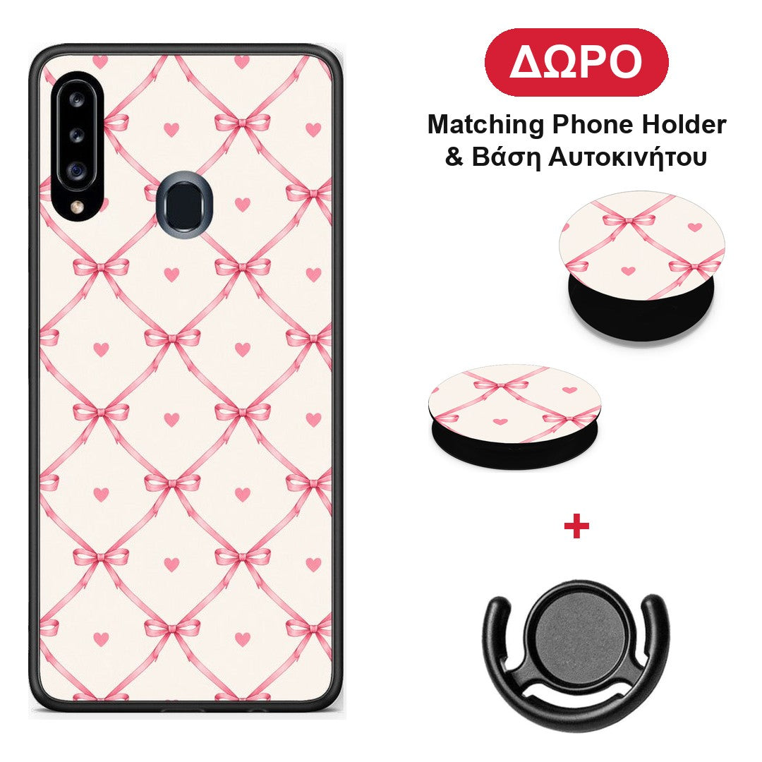 Pink Bow Lattice and Hearts on Cream - Samsung Galaxy A20s θήκη + Δώρο Phone Holder & Βάση Αυτοκινήτου