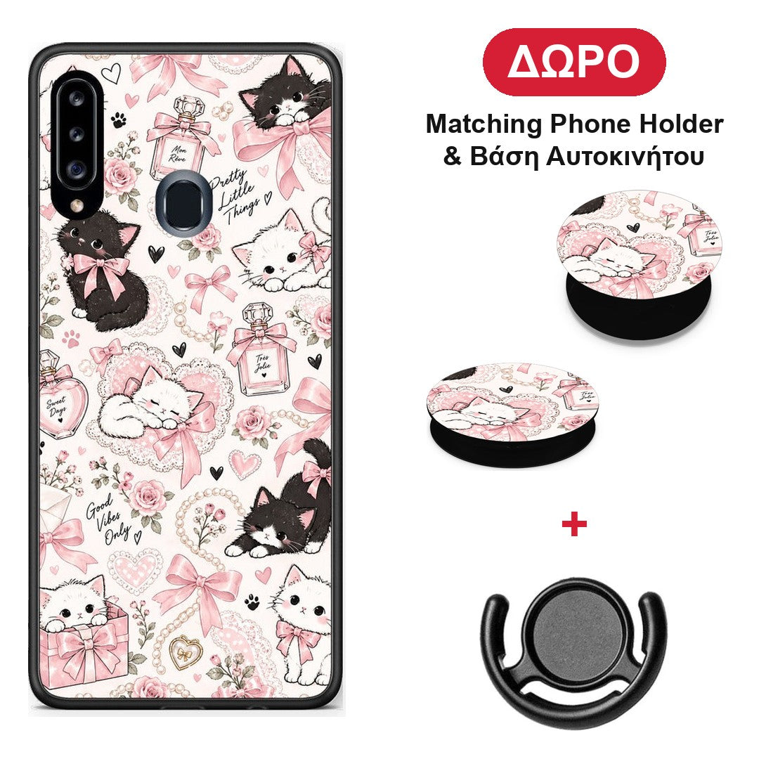 Pink Bows and Kittens Collage - Samsung Galaxy A20s θήκη + Δώρο Phone Holder & Βάση Αυτοκινήτου