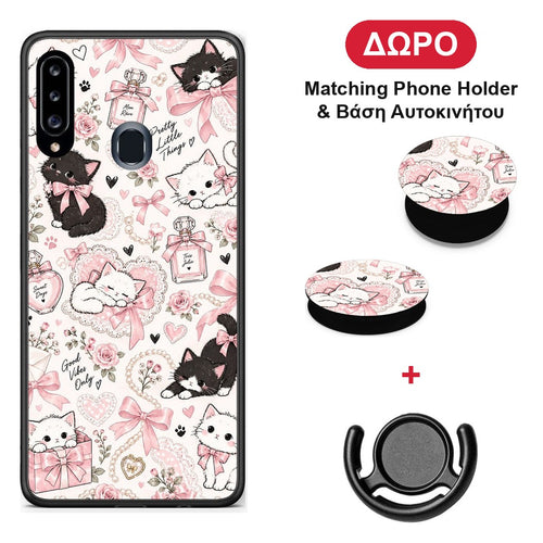 Pink Bows and Kittens Collage - Samsung Galaxy A20s θήκη + Δώρο Phone Holder & Βάση Αυτοκινήτου
