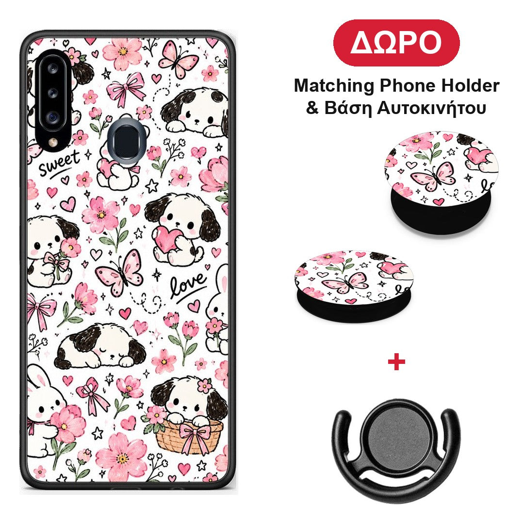 Pink Florals Puppies and Bunnies on White - Samsung Galaxy A20s θήκη + Δώρο Phone Holder & Βάση Αυτοκινήτου