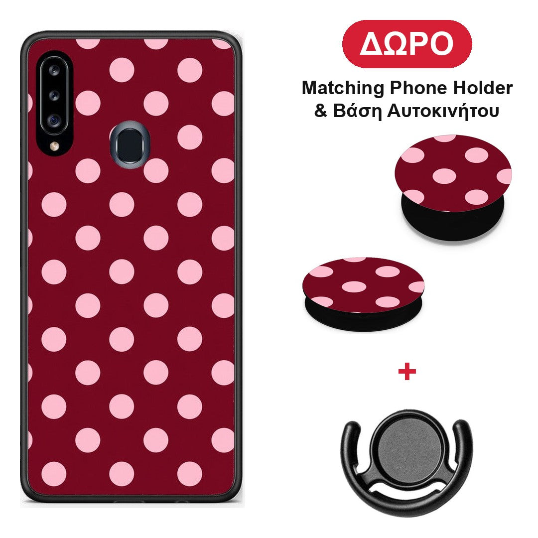 Pink Polka Dots on Burgundy - Samsung Galaxy A20s θήκη + Δώρο Phone Holder & Βάση Αυτοκινήτου