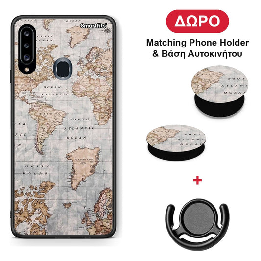 World Map - Samsung Galaxy A20s θήκη + Δώρο Phone Holder & Βάση Αυτοκινήτου