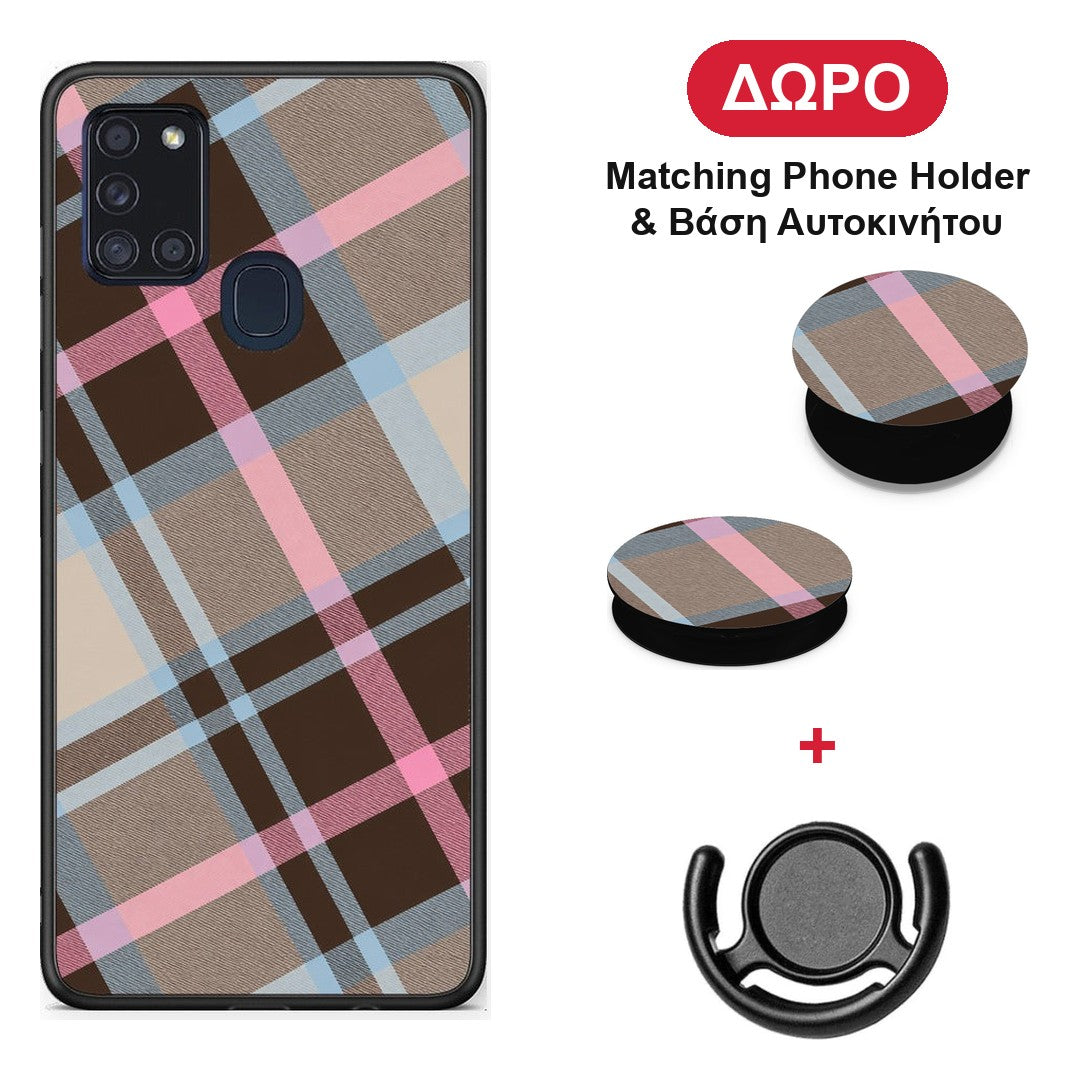 Brown Pink and Blue Diagonal Plaid - Samsung Galaxy A21s θήκη + Δώρο Phone Holder & Βάση Αυτοκινήτου