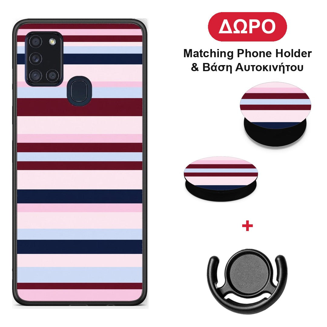 Burgundy Pink and Blue Horizontal Stripes - Samsung Galaxy A21s θήκη + Δώρο Phone Holder & Βάση Αυτοκινήτου