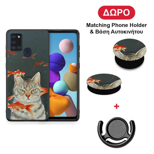 Cat Goldfish - Samsung Galaxy A21s θήκη + Δώρο Phone Holder & Βάση Αυτοκινήτου